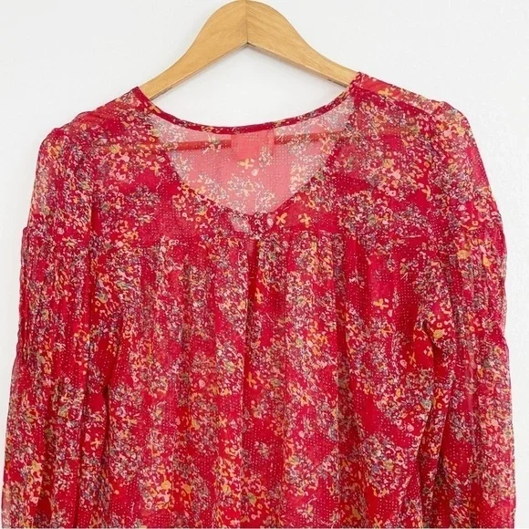 Anthropologie Pins & Needles Boho Red Floral Semi Sheer Long Sleeve Casual Top S - Picture 10 of 15